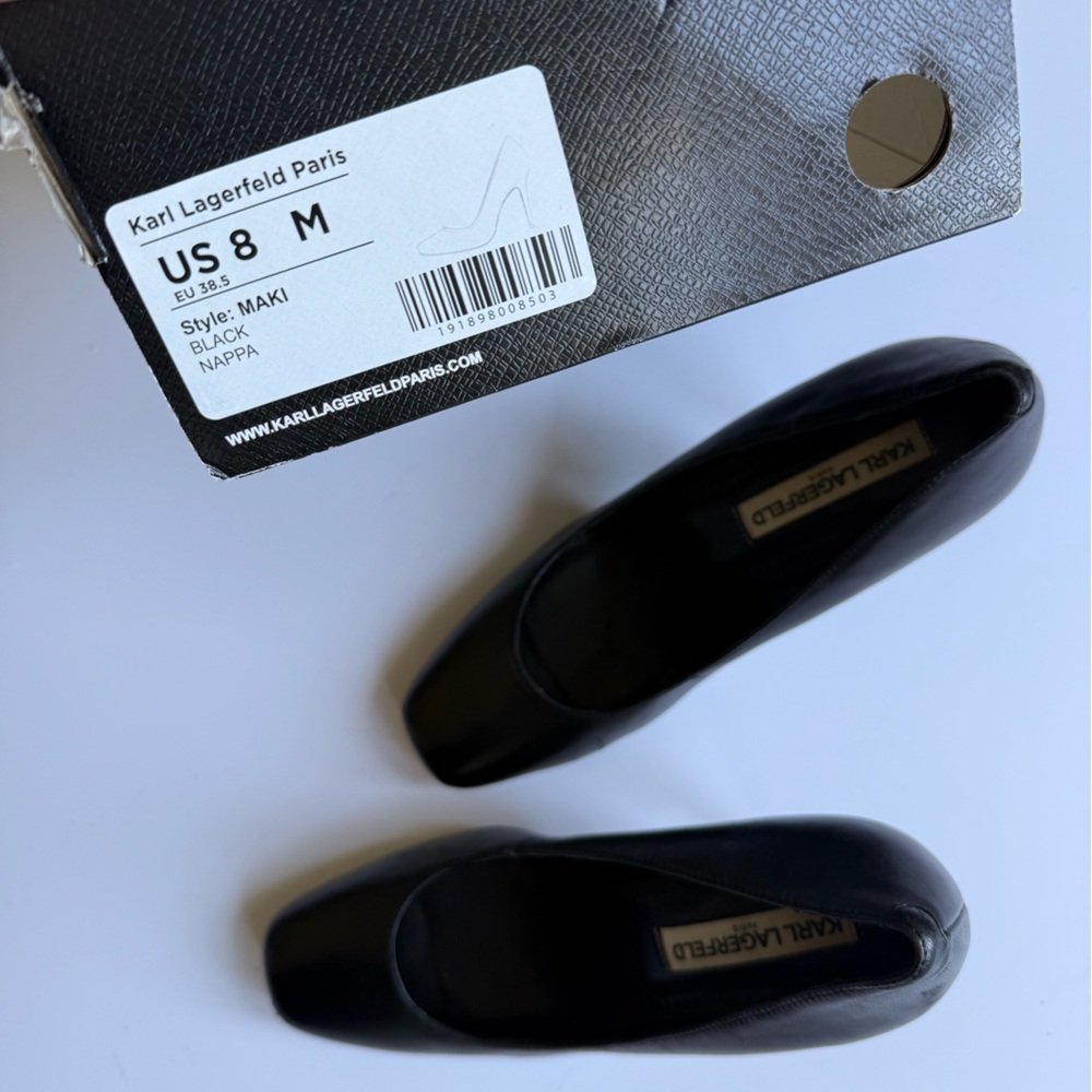 Karl Lagerfeld Paris MAKI Black Leather Pumps Gold Heels Size 8 - Picture 8 of 8